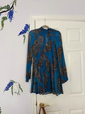 Free People Teal Paisley Long-Sleeve Mini Dress